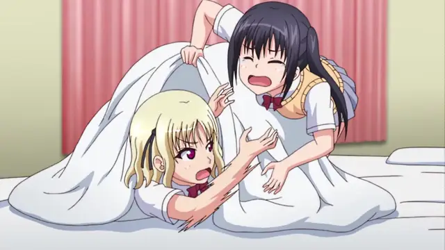 A black-haired girl sits on a bed, laughing as she pulls a white sheet over a blonde girl who is looking up at her with a shocked expression. Screenshot from JK to Ero Konbini Tenchou - Episode 5