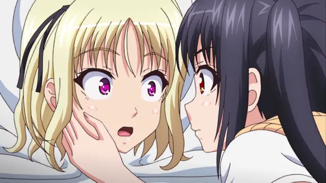 A close-up anime shot shows a blonde girl with wide eyes and a shocked expression lying in bed while a black-haired girl leans in close to her face. Screenshot from JK to Ero Konbini Tenchou - Episode 5