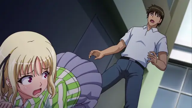A blonde girl in a green and white striped shirt and purple skirt is face-down on the floor with a shocked expression while a man in a white shirt and blue pants looks on in disbelief. Screenshot from JK to Ero Konbini Tenchou - Episode 5