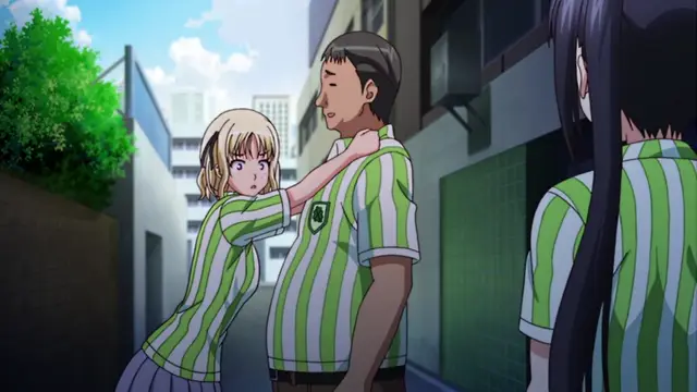 In this anime scene, a blonde girl in a green and white striped uniform leans in close to a man in a matching jersey, grasping his shoulder while he has his eyes closed and a slight smile on his face, while another long-haired woman in the same uniform stands watching from the side. Screenshot from JK to Ero Konbini Tenchou - Episode 5