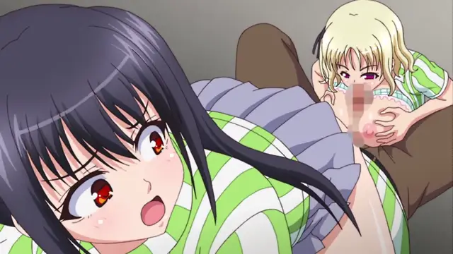 A shocked anime girl with dark hair and red eyes looks back at a blonde girl who is being penetrated from behind while sitting on a couch. Screenshot from JK to Ero Konbini Tenchou - Episode 5