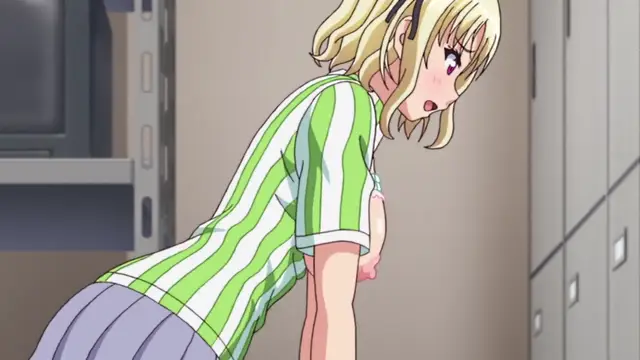 A blushing blonde anime girl in a green and white striped shirt and pleated skirt bends forward while looking surprised in a school locker room. Screenshot from JK to Ero Konbini Tenchou - Episode 5