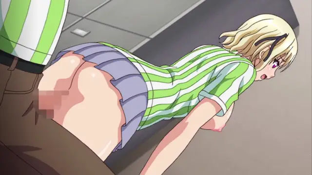 A blonde girl in a green and white striped shirt and a blue pleated skirt is bent over a desk while being fucked from behind by a man in brown pants. Screenshot from JK to Ero Konbini Tenchou - Episode 5