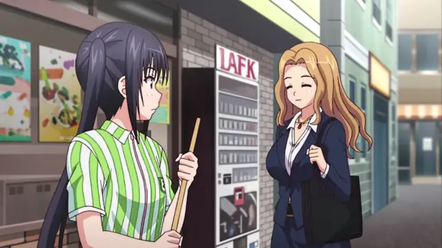 Two anime women, one in a green striped shirt holding a stick and another in a business suit, stand outside a vending machine on a city street. Screenshot from JK to Ero Konbini Tenchou - Episode 5