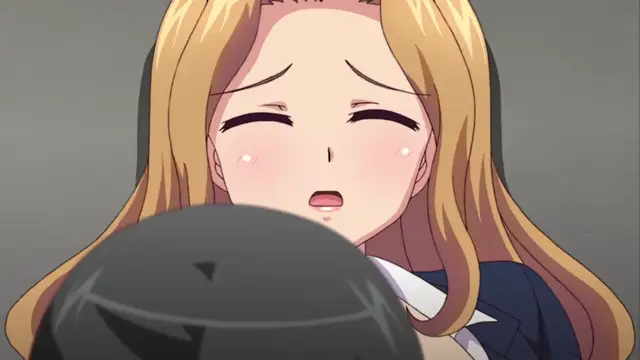 A blonde anime girl with a blushing face and closed eyes looks down with an open mouth at a male character's head in the foreground. Screenshot from JK to Ero Konbini Tenchou - Episode 5
