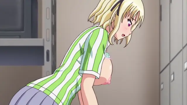 A blonde anime girl in a green striped school shirt leans forward in a locker room, revealing her large breasts and pink nipples. Screenshot from JK to Ero Konbini Tenchou - Episode 6