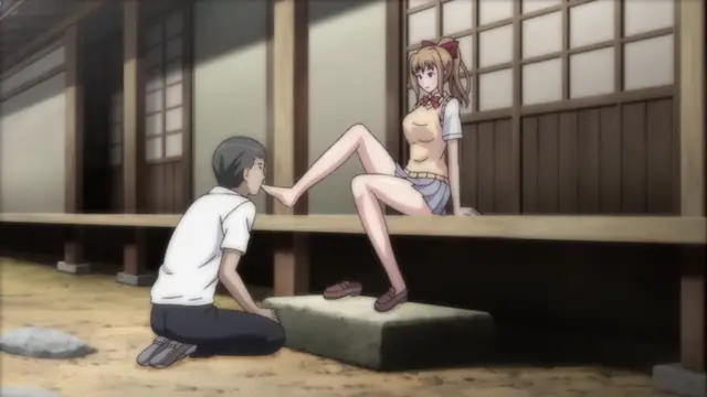 A girl with blonde hair and a short white top sits on a wooden porch, holding her legs open as she faces a kneeling boy who is reaching for her foot. Screenshot from JK to Ero Konbini Tenchou - Episode 6