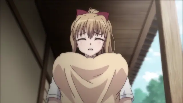 An anime girl with blonde hair and a red ribbon on her head looks dazed and breathless with a blush on her face while wrapped in a large tan towel. Screenshot from JK to Ero Konbini Tenchou - Episode 6