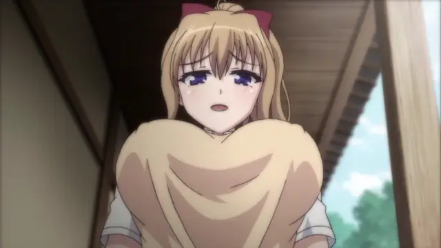 A crying anime girl with blonde hair and a red bow on her head is shown from the chest up, wrapped in a large tan towel while standing on a wooden porch. Screenshot from JK to Ero Konbini Tenchou - Episode 6