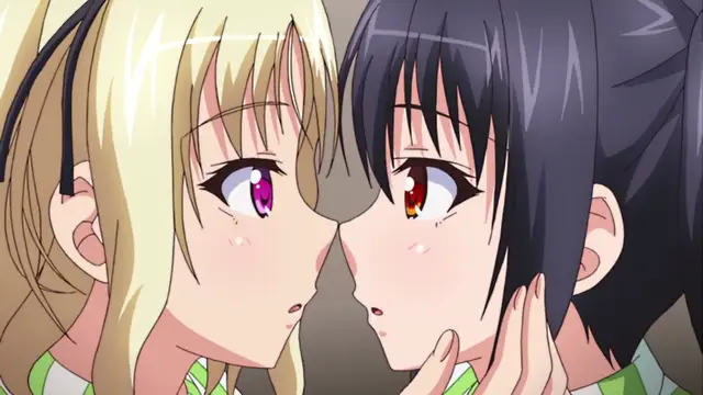 A close-up shot of two anime girls with blonde and black hair facing each other closely with blushing faces as one holds the other's cheek. Screenshot from JK to Ero Konbini Tenchou - Episode 6