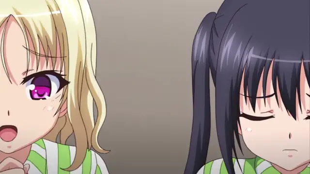 A blonde girl with wide purple eyes and a shocked expression looks toward a dark-haired girl with closed eyes and a distressed look, both wearing green and white yukatas. Screenshot from JK to Ero Konbini Tenchou - Episode 6