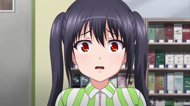 A shocked anime girl with dark hair in twin tails and a green striped shirt stands in a library or classroom, her eyes wide and blushing. Screenshot from JK to Ero Konbini Tenchou - Episode 6