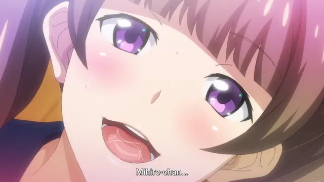 A close-up shot of an anime girl with purple hair and glowing eyes, looking up with a dazed expression and an open mouth while subtitles read "Mihiro-chan...". Screenshot from JK Fuuzoku Gakuensai - Episode 1