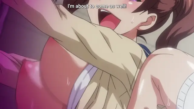 A close-up shot depicts an anime girl with brown hair and a shocked expression as she is being penetrated by a penis, with the subtitle "I'm about to come as well!" appearing at the top. Screenshot from JK Fuuzoku Gakuensai - Episode 1