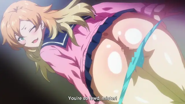 A blonde woman in a pink school uniform lies on her back with her legs spread wide, revealing her large breasts and pubic area, as a subtitle reads, "You're so lewd, mister!". Screenshot from JK Fuuzoku Gakuensai - Episode 1