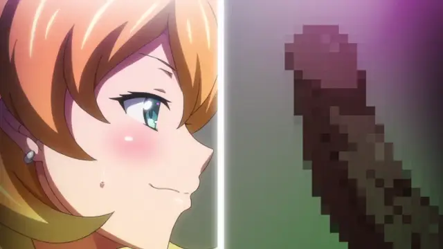 A blushing anime girl with orange hair and a smirk looks towards a large, pixelated penis. Screenshot from JK Fuuzoku Gakuensai - Episode 1