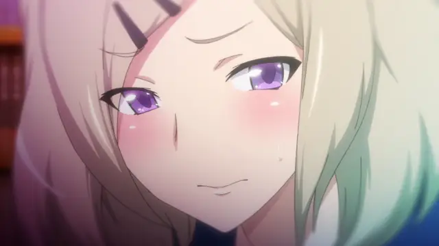 A close-up shot shows a blushing anime girl with long blonde hair and purple eyes looking down with a slight, mischievous smile and a bead of sweat on her face. Screenshot from JK Fuuzoku Gakuensai - Episode 1
