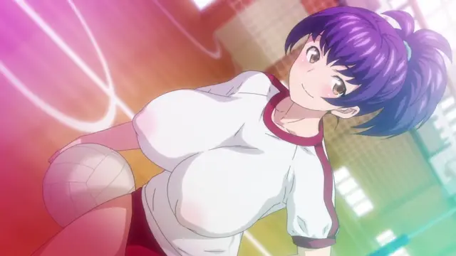 A purple-haired girl in a volleyball uniform with a blushing face and heavy breasts looks towards the viewer while leaning forward in an indoor gymnasium. Screenshot from JK Fuuzoku Gakuensai - Episode 2