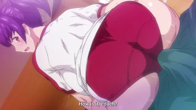 A purple-haired woman in a white top and red shorts lies on her stomach on a floor while being penetrated from behind by a man in blue pants, with the subtitle "How is it, coach?" displayed at the bottom. Screenshot from JK Fuuzoku Gakuensai - Episode 2