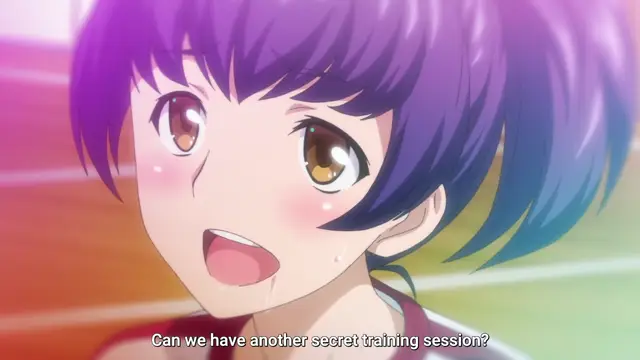 A blushing girl with purple hair and large brown eyes looks up with a sweating, pleading expression while the subtitle "Can we have another secret training session?" appears at the bottom of the frame. Screenshot from JK Fuuzoku Gakuensai - Episode 2