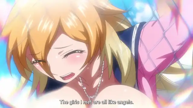 An anime girl with blonde hair and a blush on her face looks forward with a wide smile while saying "The girls I met are all like angels.". Screenshot from JK Fuuzoku Gakuensai - Episode 2