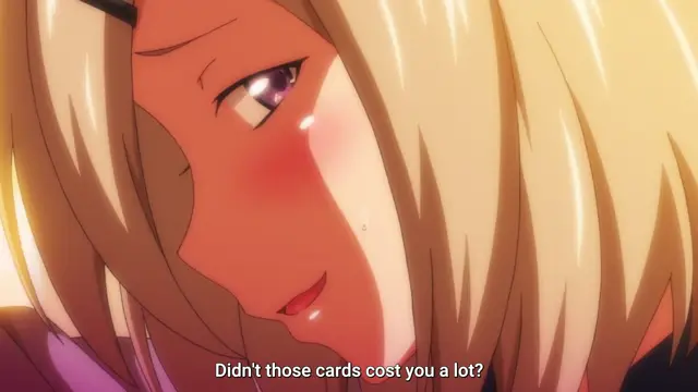 A blushing blonde girl with purple eyes looks down with a smirking expression and a bead of sweat on her face while the subtitle reads "Didn't those cards cost you a lot?". Screenshot from JK Fuuzoku Gakuensai - Episode 2