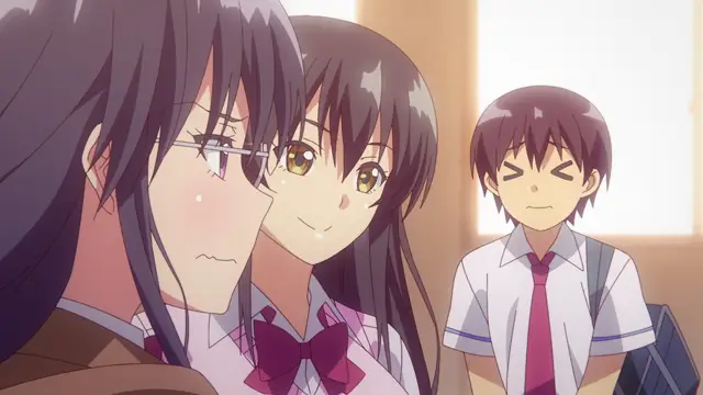 A high school girl with glasses and a blushy face looks shocked as another girl with long dark hair leans in close to her, while a boy in a school uniform watches them with a smiling, closed-eye expression in the background. Screenshot from Eroge de Subete wa Kaiketsu Dekiru! - Episode 1