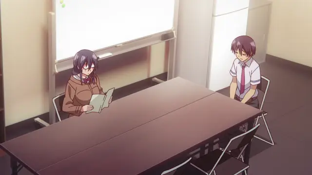 An anime girl with glasses sits at a table reading a book while a male student watches her with a worried expression in a classroom setting. Screenshot from Eroge de Subete wa Kaiketsu Dekiru! - Episode 1