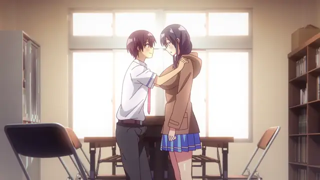 A schoolboy in a white shirt and tie stands in a classroom with a schoolgirl in a brown coat and blue skirt, with his hands on her shoulders while they face each other. Screenshot from Eroge de Subete wa Kaiketsu Dekiru! - Episode 1