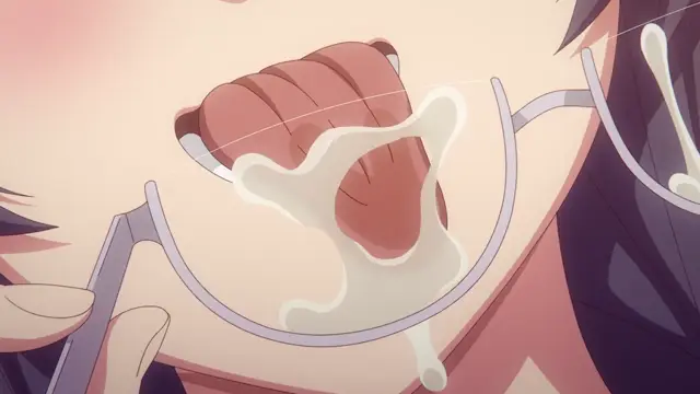 A close-up shot of a woman with glasses and a blushing face with a large amount of cum dripping from her mouth. Screenshot from Eroge de Subete wa Kaiketsu Dekiru! - Episode 1