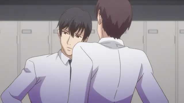 A man in a white suit with black hair stands in a locker room facing another man with brown hair, who is seen from the back. Screenshot from Eternity: Shin`ya no Nurekoi Channel - Episode 1