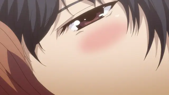 A close-up shot of an anime girl with dark hair, blushing and looking up with a dazed, heavy-lidded expression. Screenshot from Eternity: Shin`ya no Nurekoi Channel - Episode 1