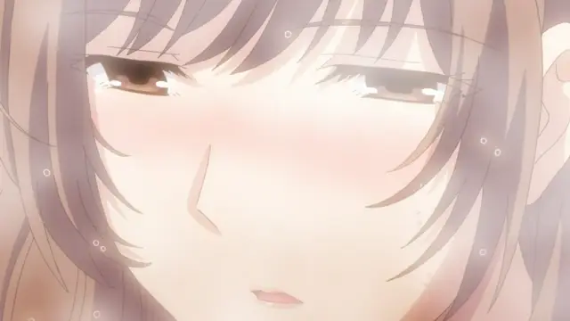 A close-up shot shows an anime girl with light brown hair and a blushing face, her eyes drooping and moist as she looks forward with a dazed expression. Screenshot from Eternity: Shin`ya no Nurekoi Channel - Episode 1