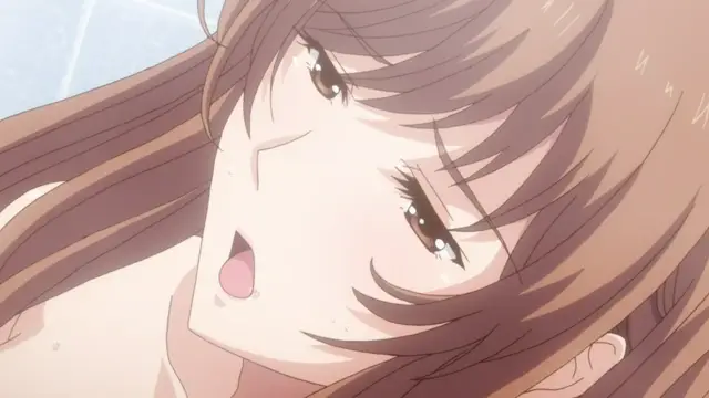 A close-up shot shows a brown-haired anime girl with tears in her eyes and a shocked expression on her face as she looks upward. Screenshot from Eternity: Shin`ya no Nurekoi Channel - Episode 1