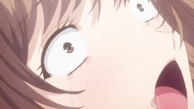 A close-up of an anime girl with wide, teary eyes and an open mouth showing a shocked or overwhelmed expression. Screenshot from Eternity: Shin`ya no Nurekoi Channel - Episode 1
