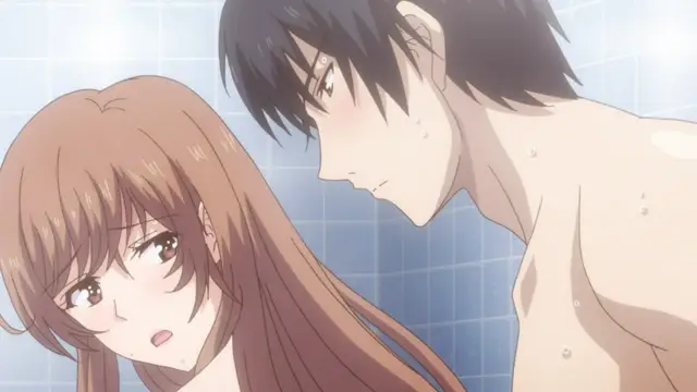 A blushing, shirtless male anime character with dark hair leans in closely toward a long-haired female character in a tiled shower, looking into her eyes with a serious expression. Screenshot from Eternity: Shin`ya no Nurekoi Channel - Episode 1