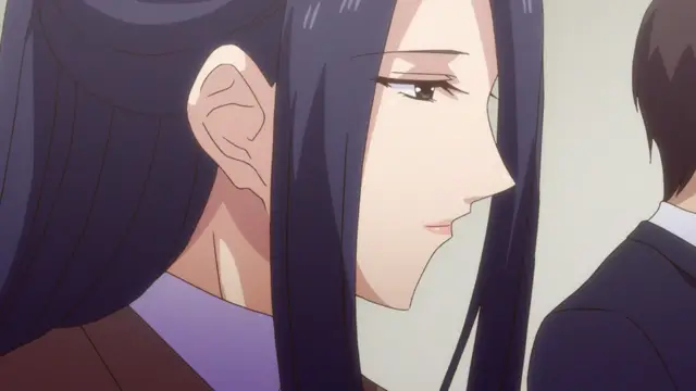 A long-haired woman with a slight blush on her face looks toward a man in a suit with a subtle smile. Screenshot from Eternity: Shin`ya no Nurekoi Channel - Episode 1