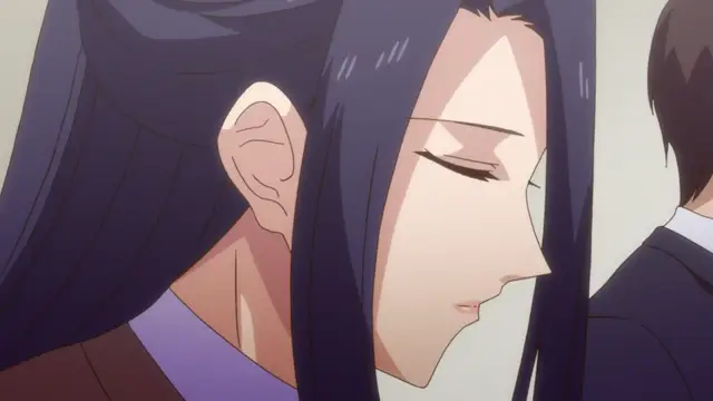 An anime girl with long dark hair and closed eyes stands with a composed expression in a formal setting. Screenshot from Eternity: Shin`ya no Nurekoi Channel - Episode 1