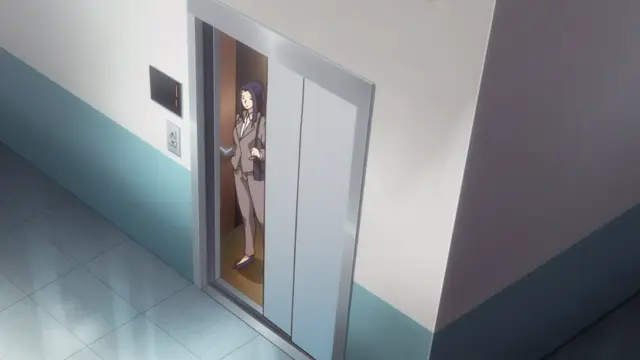 A woman in a business suit stands inside a lit elevator as the doors are slightly open to the hallway. Screenshot from Eternity: Shin`ya no Nurekoi Channel - Episode 1