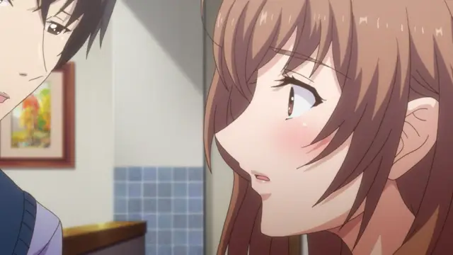 A blushing anime girl looks up with a surprised and flustered expression at a young man standing close to her in a room with blue tiled walls. Screenshot from Eternity: Shin`ya no Nurekoi Channel - Episode 1