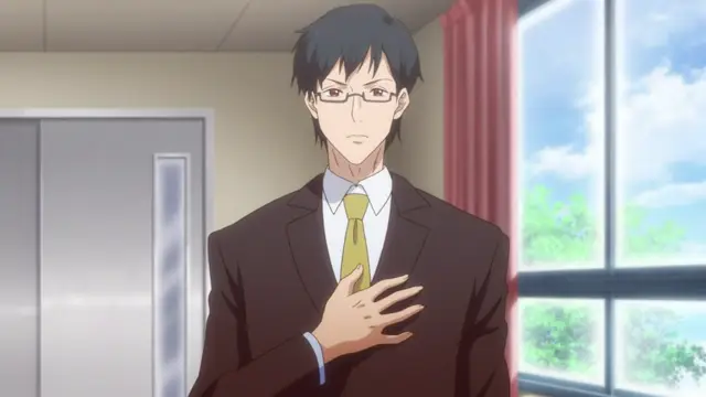 A man in a suit and glasses stands in an office, placing his hand over his heart with a serious expression. Screenshot from Eternity: Shin`ya no Nurekoi Channel - Episode 2