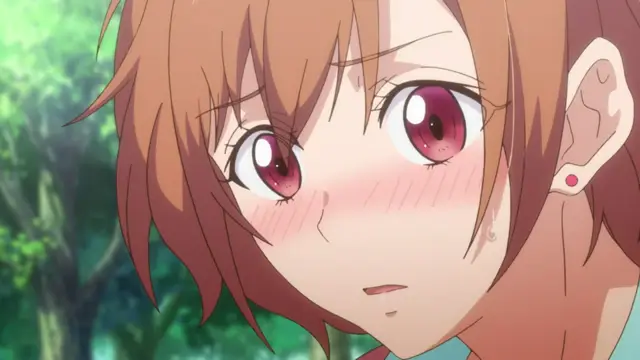 A close-up shot of an anime girl with short orange hair, wide eyes, and a blushing face looking shocked in a forest setting. Screenshot from Eternity: Shin`ya no Nurekoi Channel - Episode 2