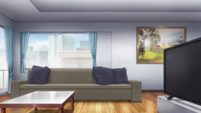 A living room featuring a tan sofa with blue pillows, a coffee table, a painting on the wall, and a television set in front of a window. Screenshot from Eternity: Shin`ya no Nurekoi Channel - Episode 2