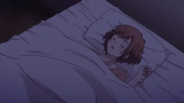 An anime girl with short brown hair sleeps soundly in a bed, tucked under a white comforter with her mouth slightly open. Screenshot from Eternity: Shin`ya no Nurekoi Channel - Episode 2
