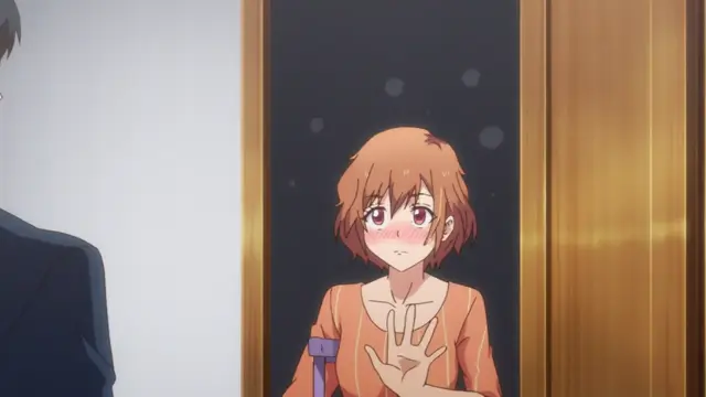 An anime girl with short brown hair and a blushing face looks out from behind a sliding door, placing her hand against the wood as if trying to peek or hide. Screenshot from Eternity: Shin`ya no Nurekoi Channel - Episode 2