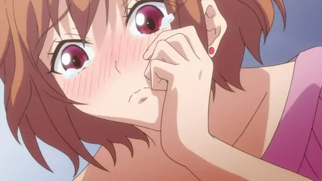 A blushing anime girl with brown hair and pink eyes cries with tears in her eyes while holding her hand to her face. Screenshot from Eternity: Shin`ya no Nurekoi Channel - Episode 2