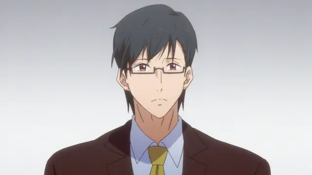 An anime man with black hair and glasses wearing a brown suit and yellow tie looks forward with a serious expression against a plain white background. Screenshot from Eternity: Shin`ya no Nurekoi Channel - Episode 2