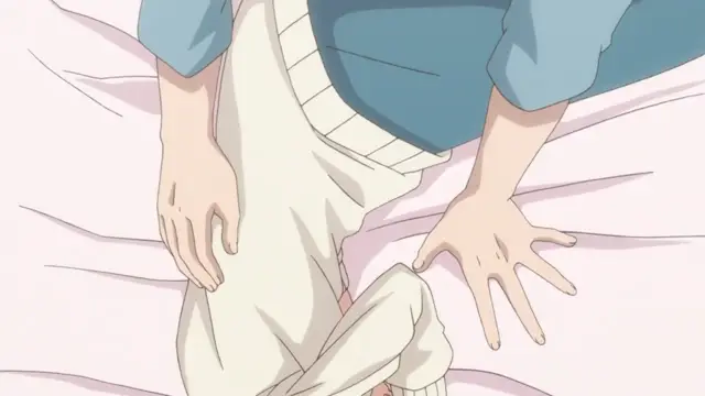 A woman in a white outfit is being held down on a bed by a person in a blue shirt. Screenshot from Eternity: Shin`ya no Nurekoi Channel - Episode 2
