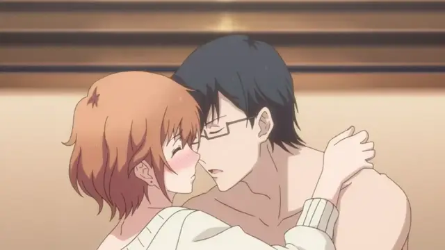 A blushing orange-haired anime girl in a white sweater leans into a shirtless man with black hair and glasses, who holds her around the waist as they share an intimate moment in what appears to be a bathhouse. Screenshot from Eternity: Shin`ya no Nurekoi Channel - Episode 2