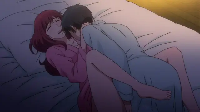 A girl with long red hair and a boy with dark hair are lying on a bed together, with the boy positioned over her in a sexual position, while she has a blissful expression on her face. Screenshot from Eternity: Shin`ya no Nurekoi Channel - Episode 3